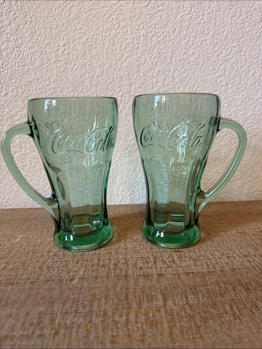 Coca Cola Libby Green Glass Mugs Set of Two with Embossed Logo - Excellent!